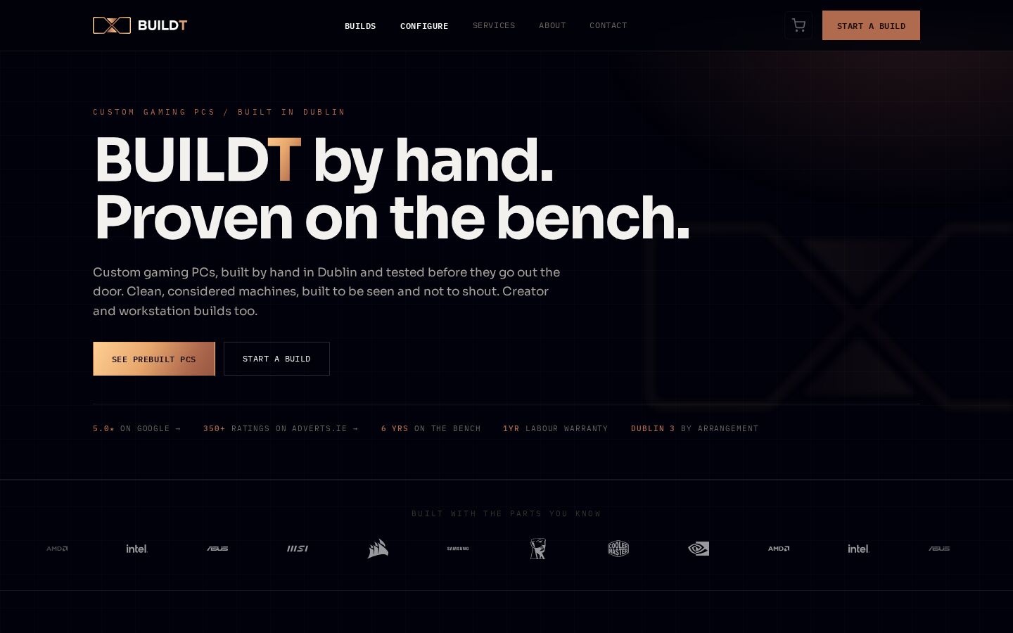 The BUILDT home page on a laptop and a phone: BUILDT by hand. Proven on the bench.