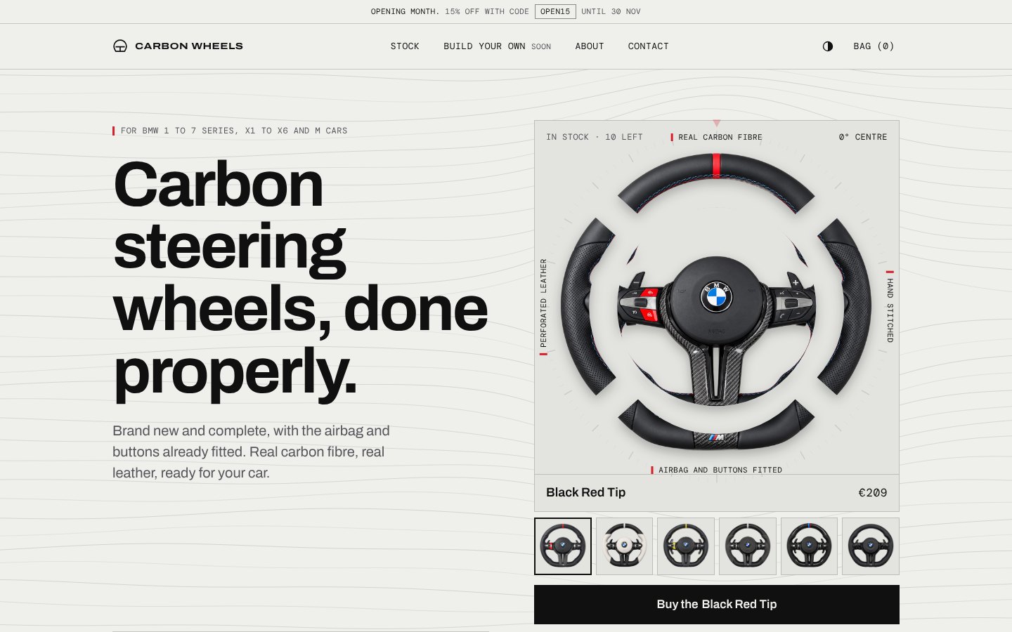 The Carbon Wheels home page on a laptop and a phone: Carbon steering wheels, done properly, beside a photo of a steering wheel.