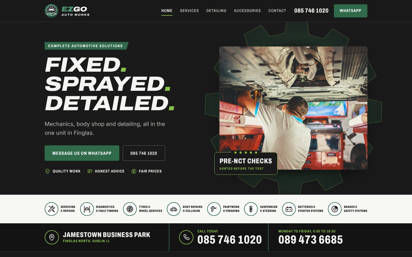 The EZGO Auto Works home page on a laptop and a phone: Fixed. Sprayed. Detailed. beside a photo of a mechanic under a car.
